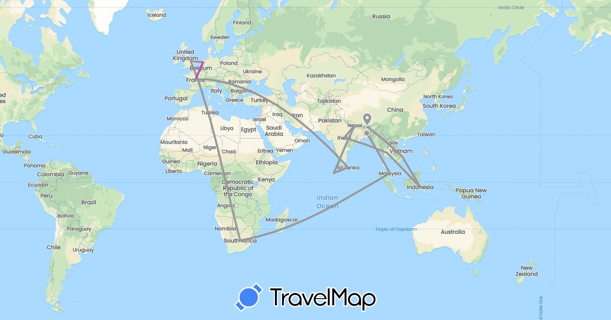 TravelMap itinerary: driving, plane, train in Bangladesh, Bhutan, Switzerland, France, United Kingdom, Indonesia, India, Sri Lanka, Maldives, Malaysia, Netherlands, Nepal, Thailand, Vietnam, South Africa (Africa, Asia, Europe)
